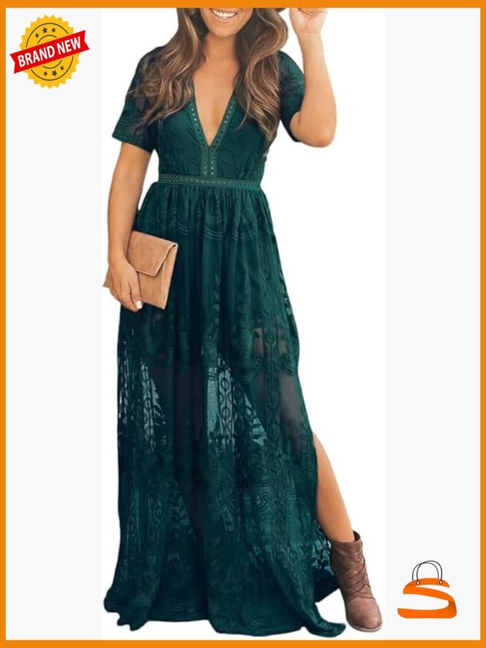 Deep V-Neck Lace Romper Dress Maxi Short Sleeve High Slit